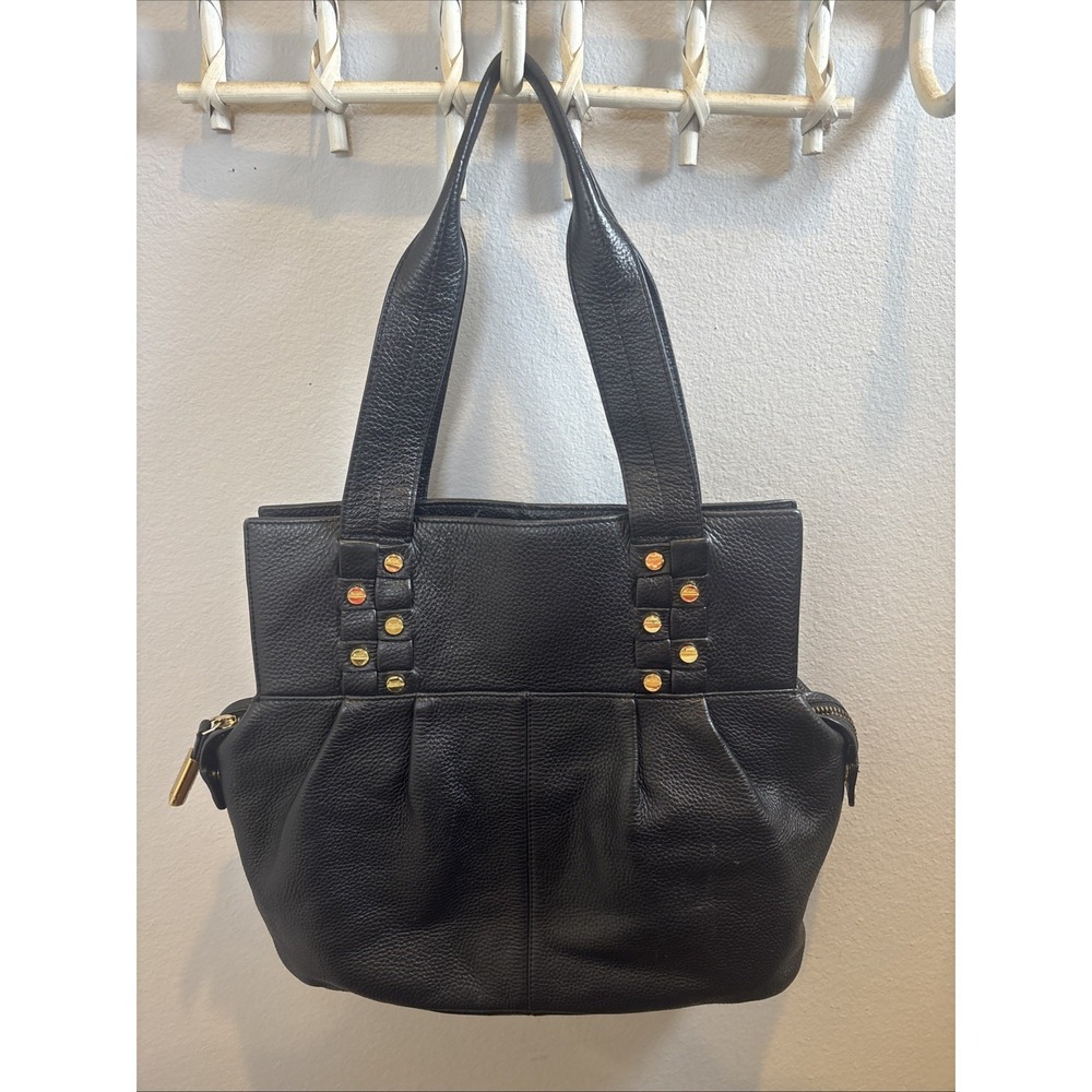 BODHI Black Pebbled Leather Shoulder Bag Gold Tone Stud Hardware Purse READ